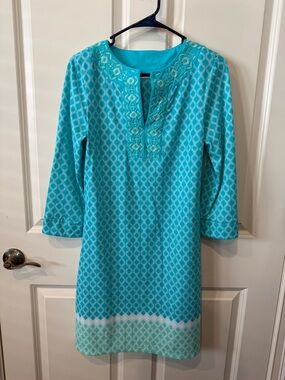 Cabana Life UPF50 Turquoise Embroidered St. Pete Tunic Dress, small.
